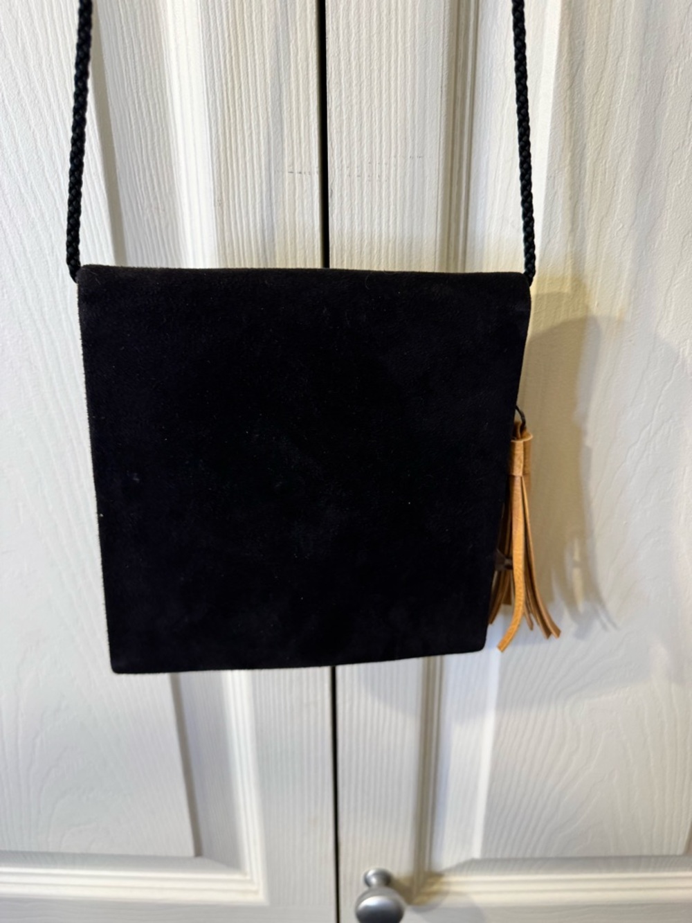 Vintage Black Suede Envelope Crossbody with Tan Tassel Charm and Boot Bag Charm - Picture 5 of 6